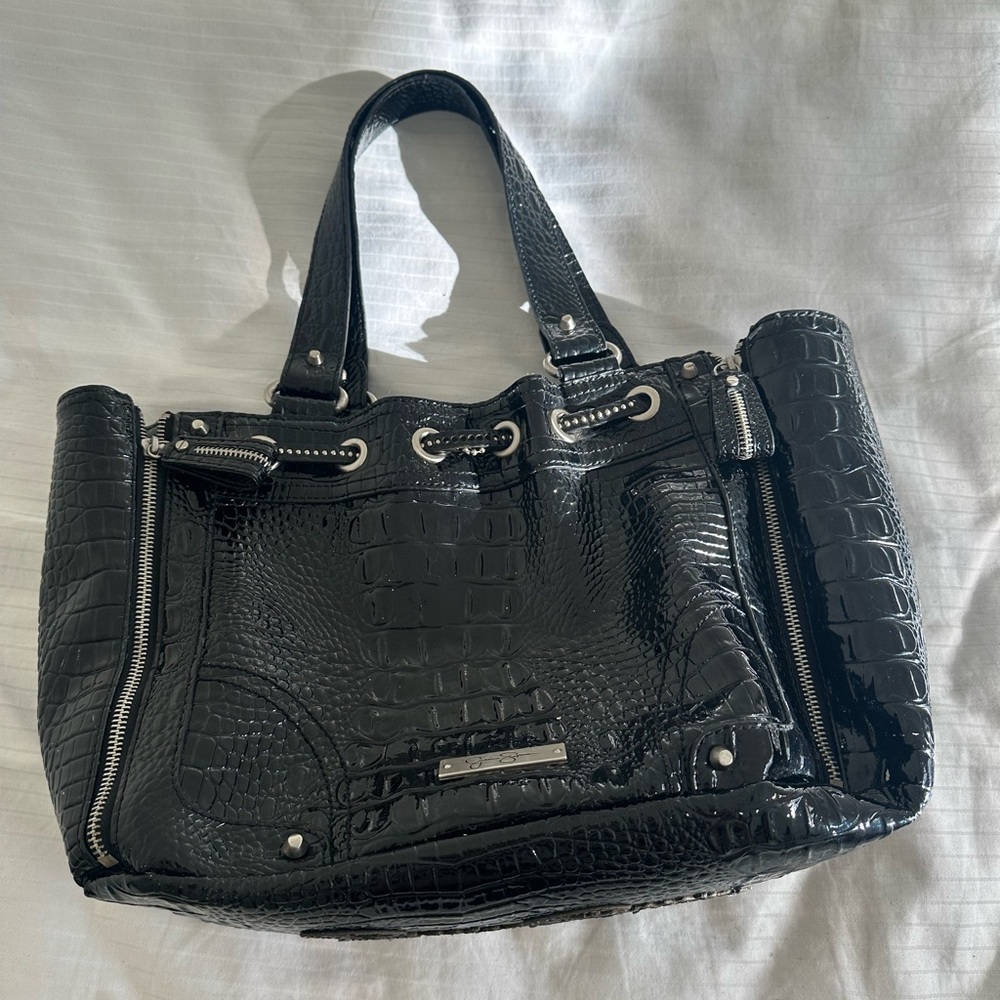 Jessica Simpson Glossy Black Croc-Embossed Tote
